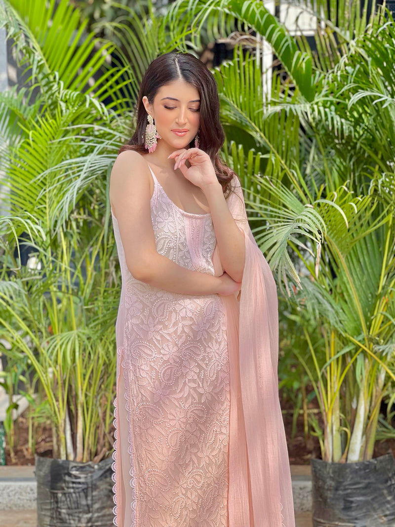 Cora Chikankari Ombré Lace Strappy Kurta Set (Set of 3)