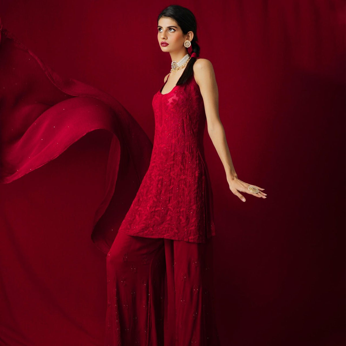 Scarlet Red Chikankari Kurta Palazzo Set