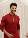 Fiery Red Mens Chikankari Hand-embroidered Kurta