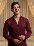 Deep Burgundy Mens Chikankari Hand-embroidered Kurta