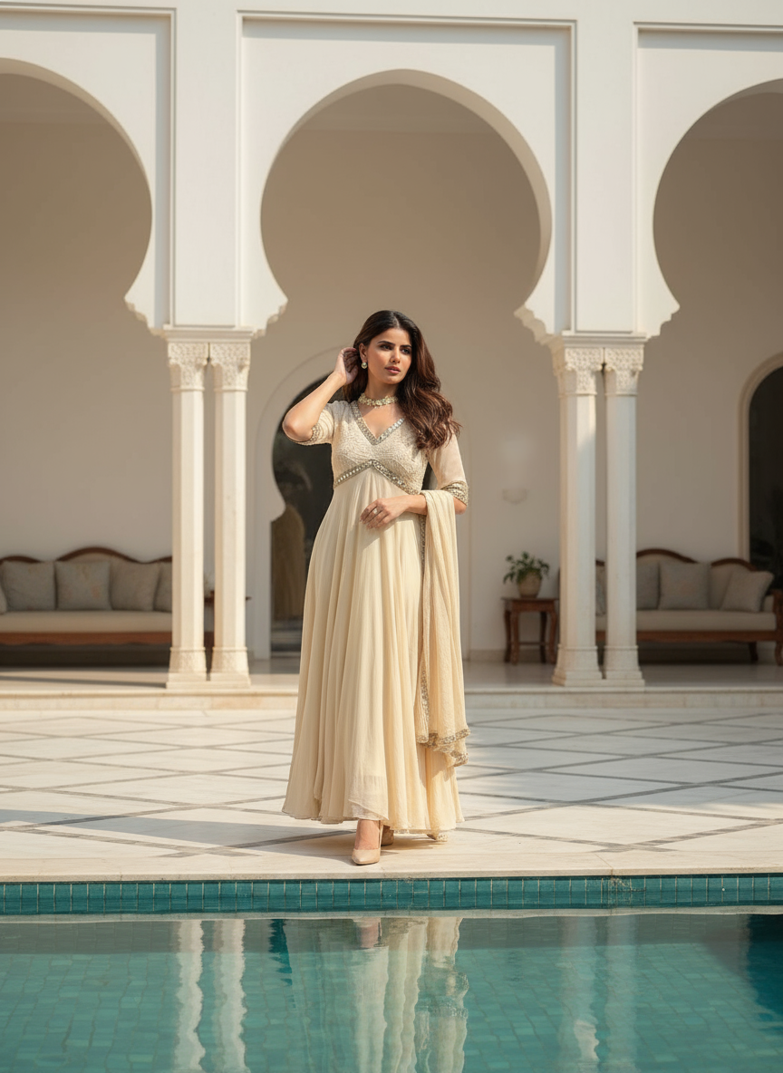 Irene Chikankari & Mirror work Anarkali (set of 3)