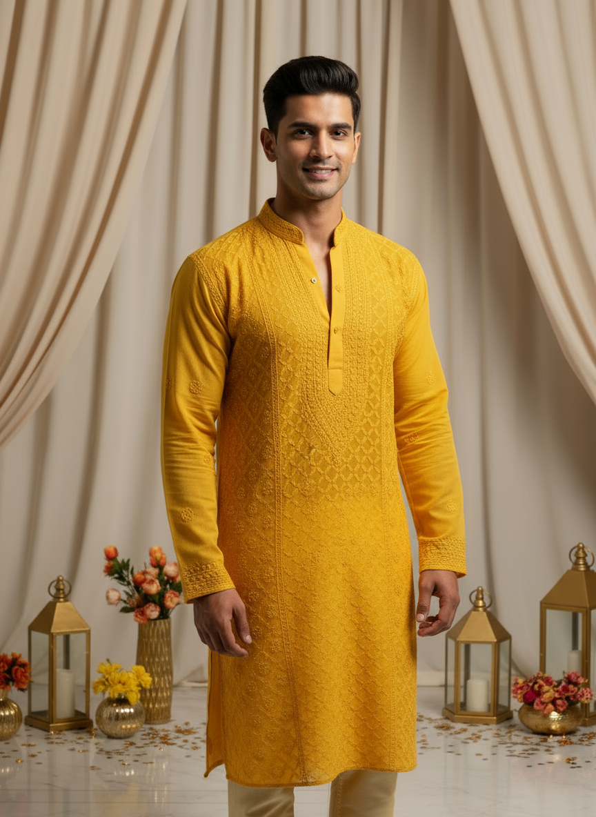 Saffron Dawn Mens Chikankari Hand-embroidered Kurta