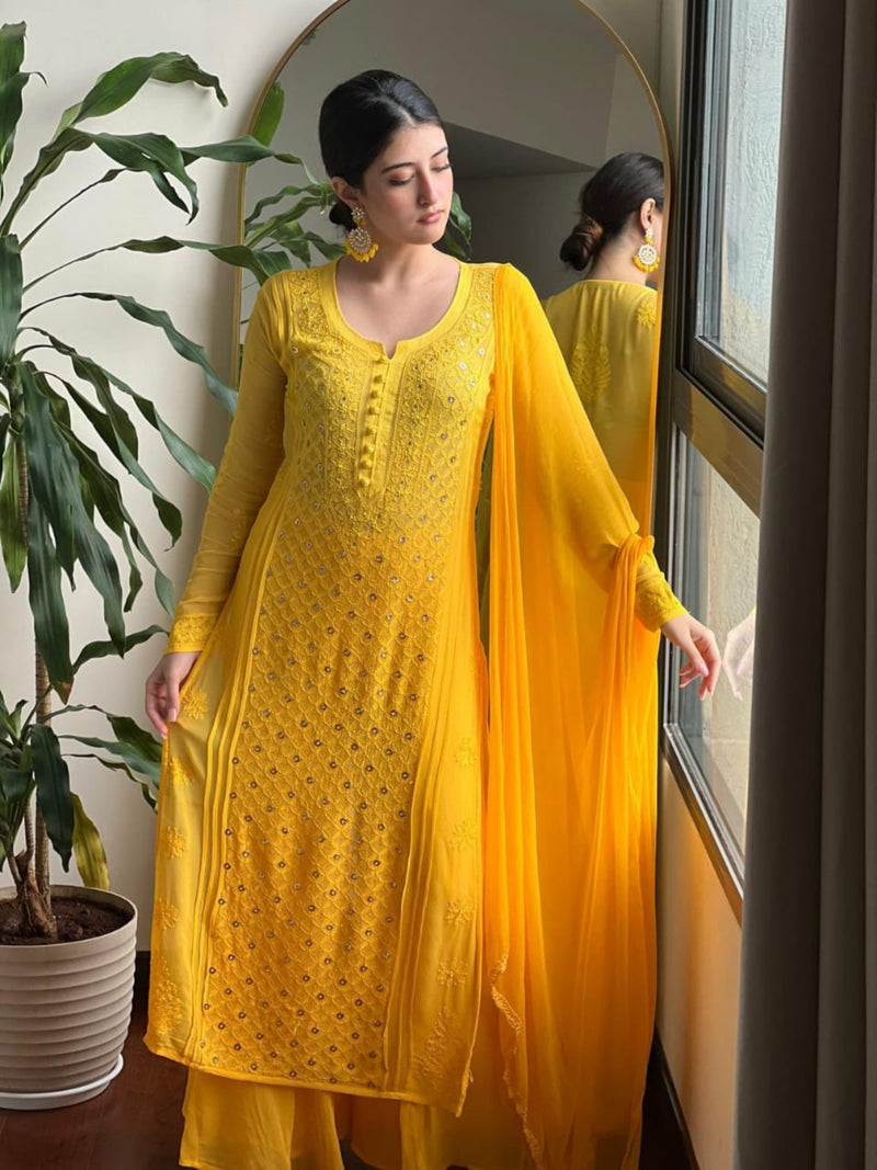 FireFly Ombre Chikankari and Mukaish Ringwork Kurta Set