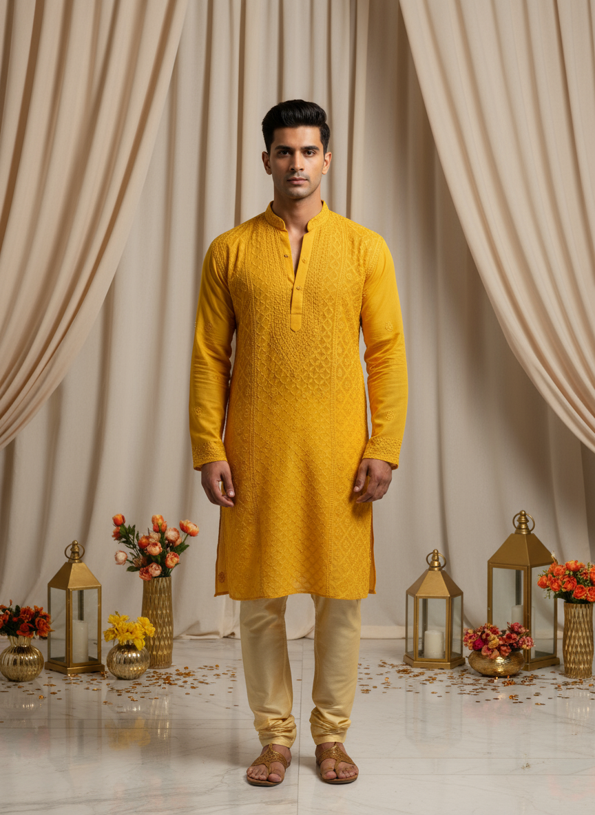 Saffron Dawn Mens Chikankari Hand-embroidered Kurta
