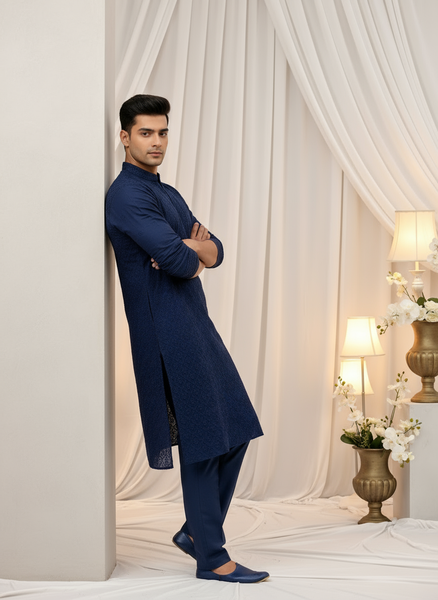 Noir Navy Mens Chikankari Hand-embroidered Kurta