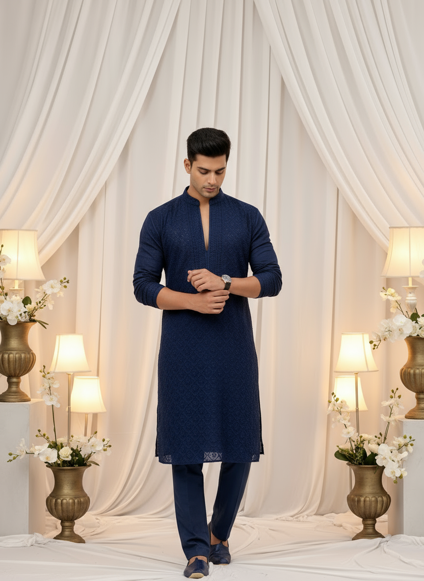 Noir Navy Mens Chikankari Hand-embroidered Kurta