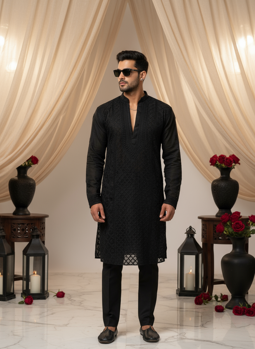 Obsidian Mens Chikankari Hand-embroidered Kurta