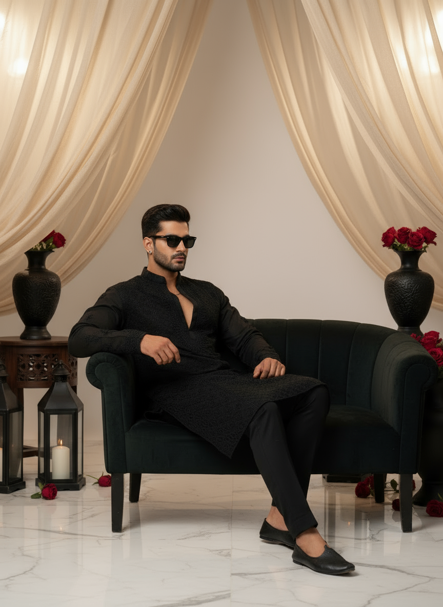 Obsidian Mens Chikankari Hand-embroidered Kurta