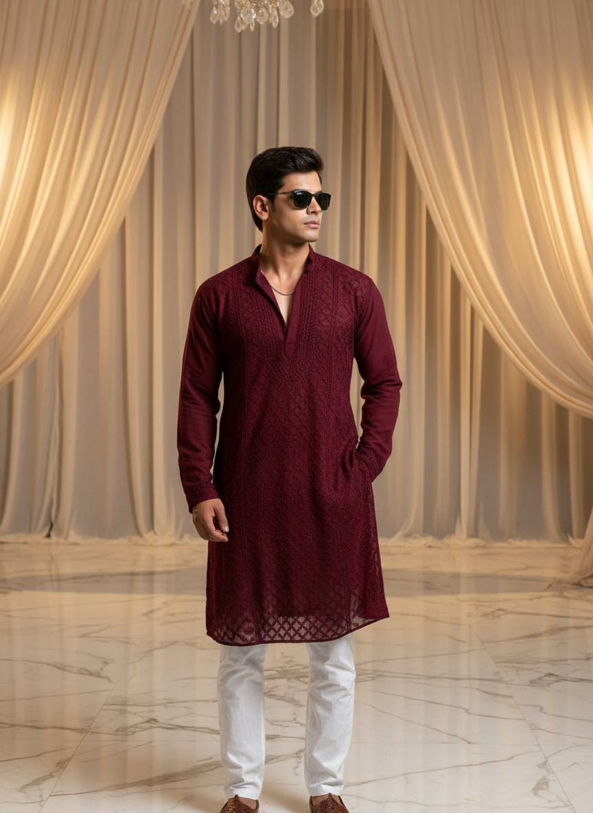 Deep Burgundy Mens Chikankari Hand-embroidered Kurta
