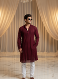 Deep Burgundy Mens Chikankari Hand-embroidered Kurta