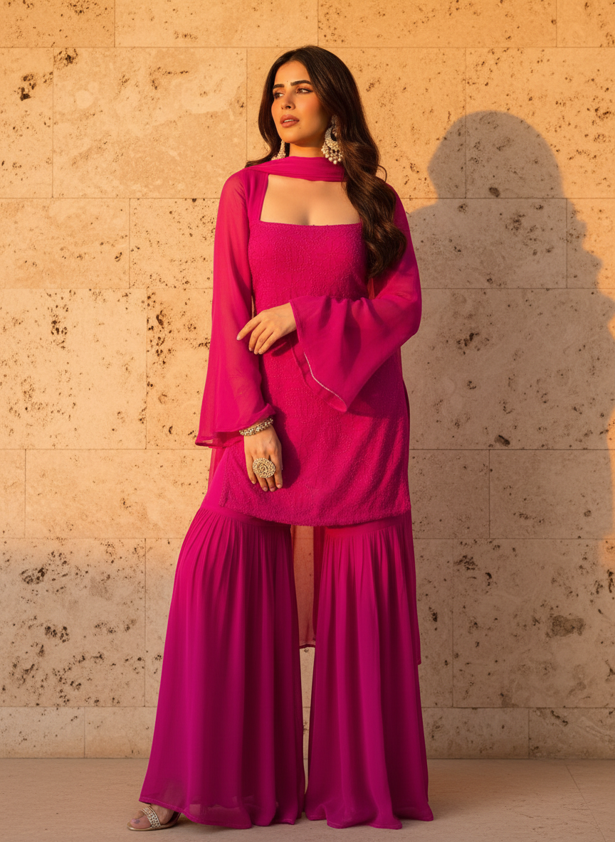 Bubblegum Pink Chikankari Gharara Short Kurta Set (Set of 3)