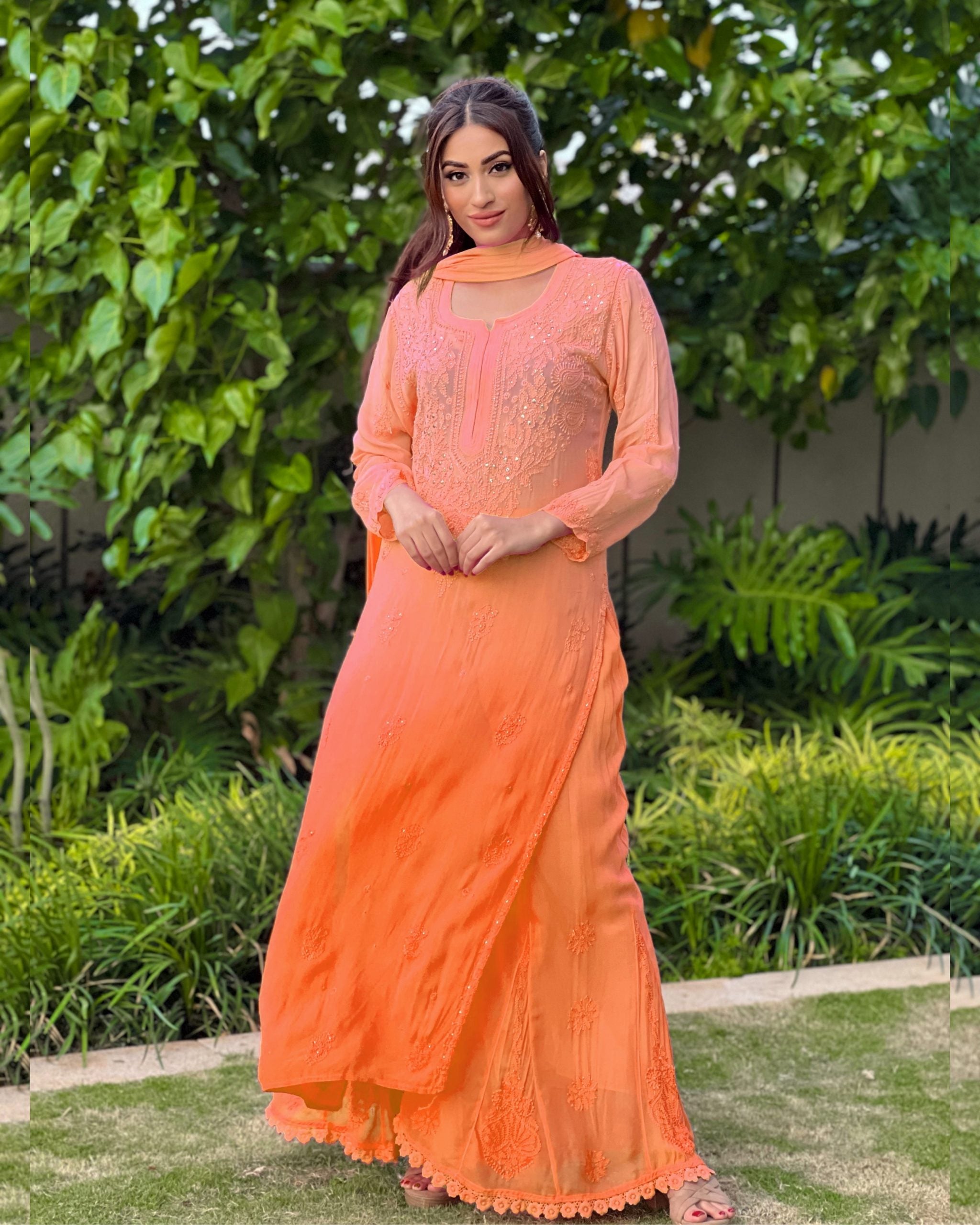 Conch Shell Ombré Chikankari Kurta Set