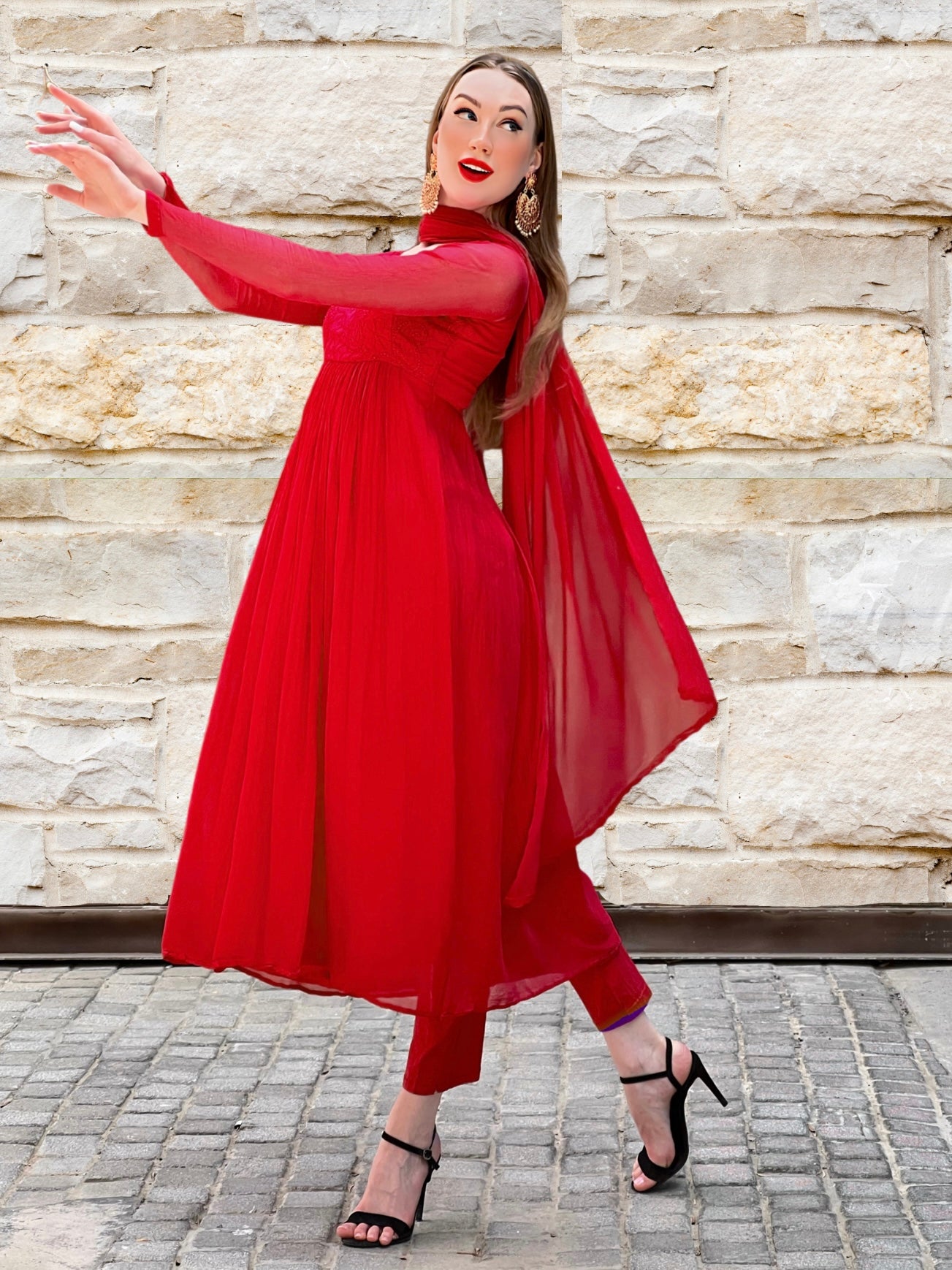 Calypso Red Chikankari Anarkali Set - Shop Label Aishwaryrika