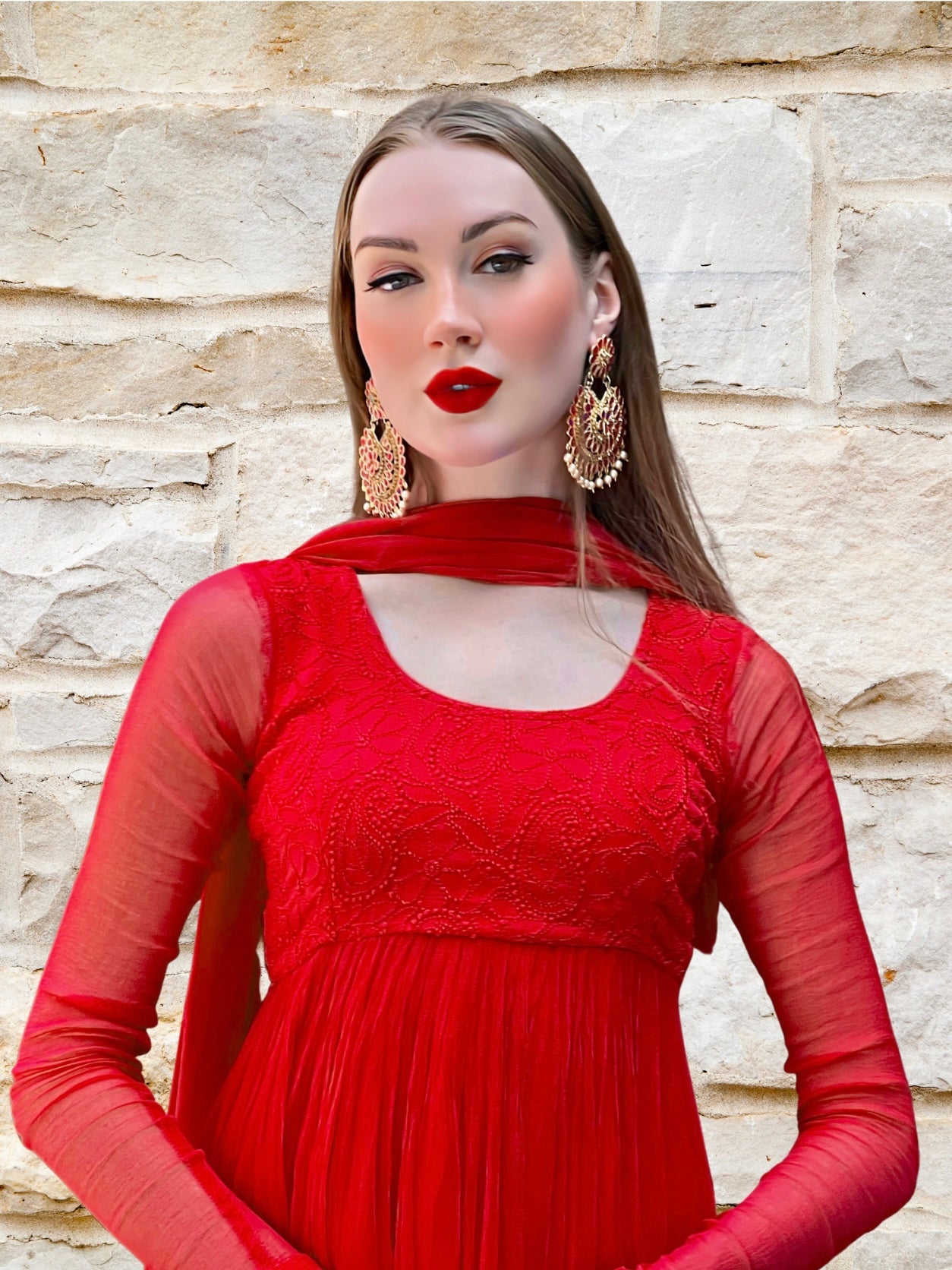 Calypso Red Chikankari Anarkali Set - Shop Label Aishwaryrika