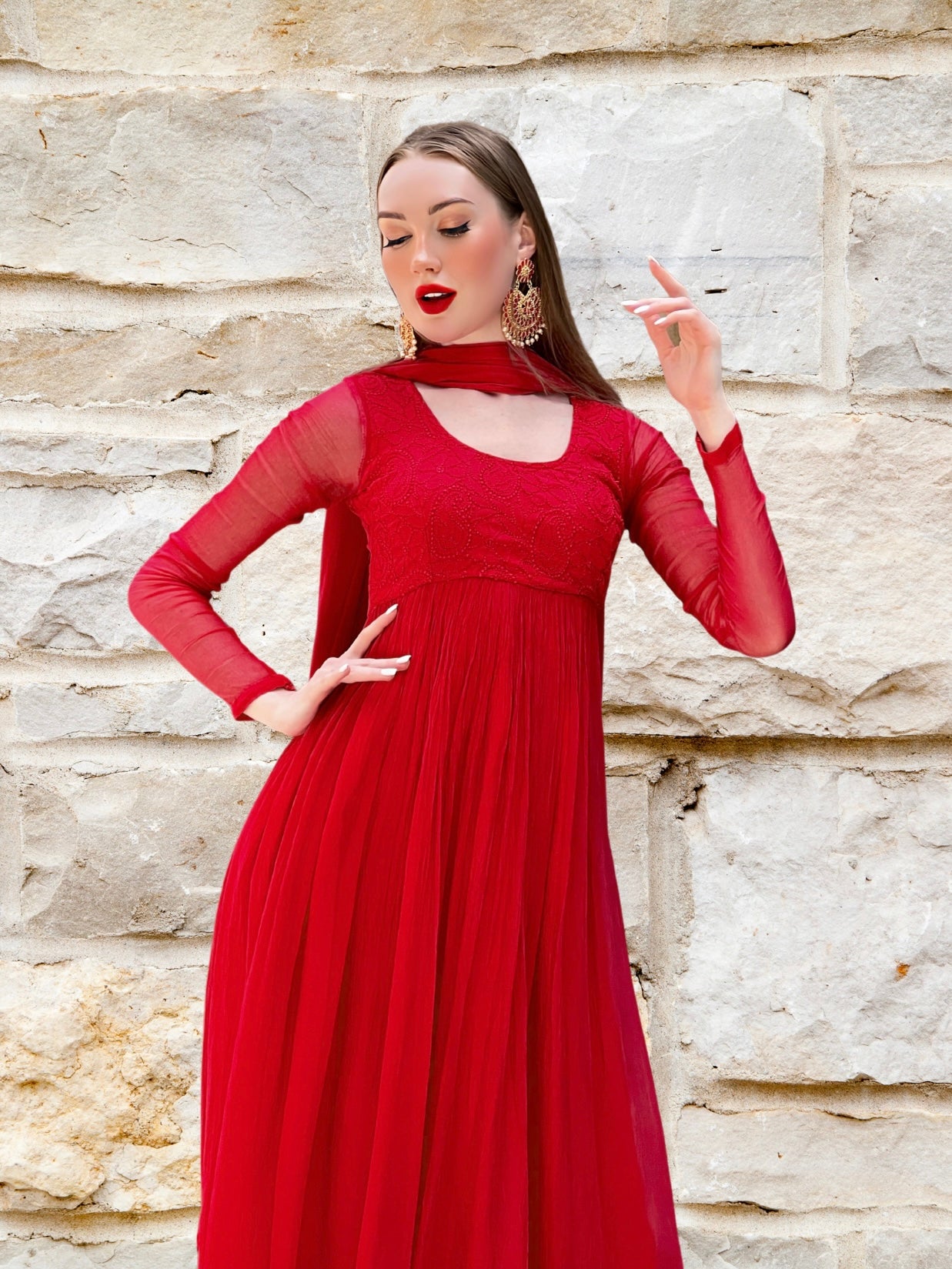 Calypso Red Chikankari Anarkali Set - Shop Label Aishwaryrika