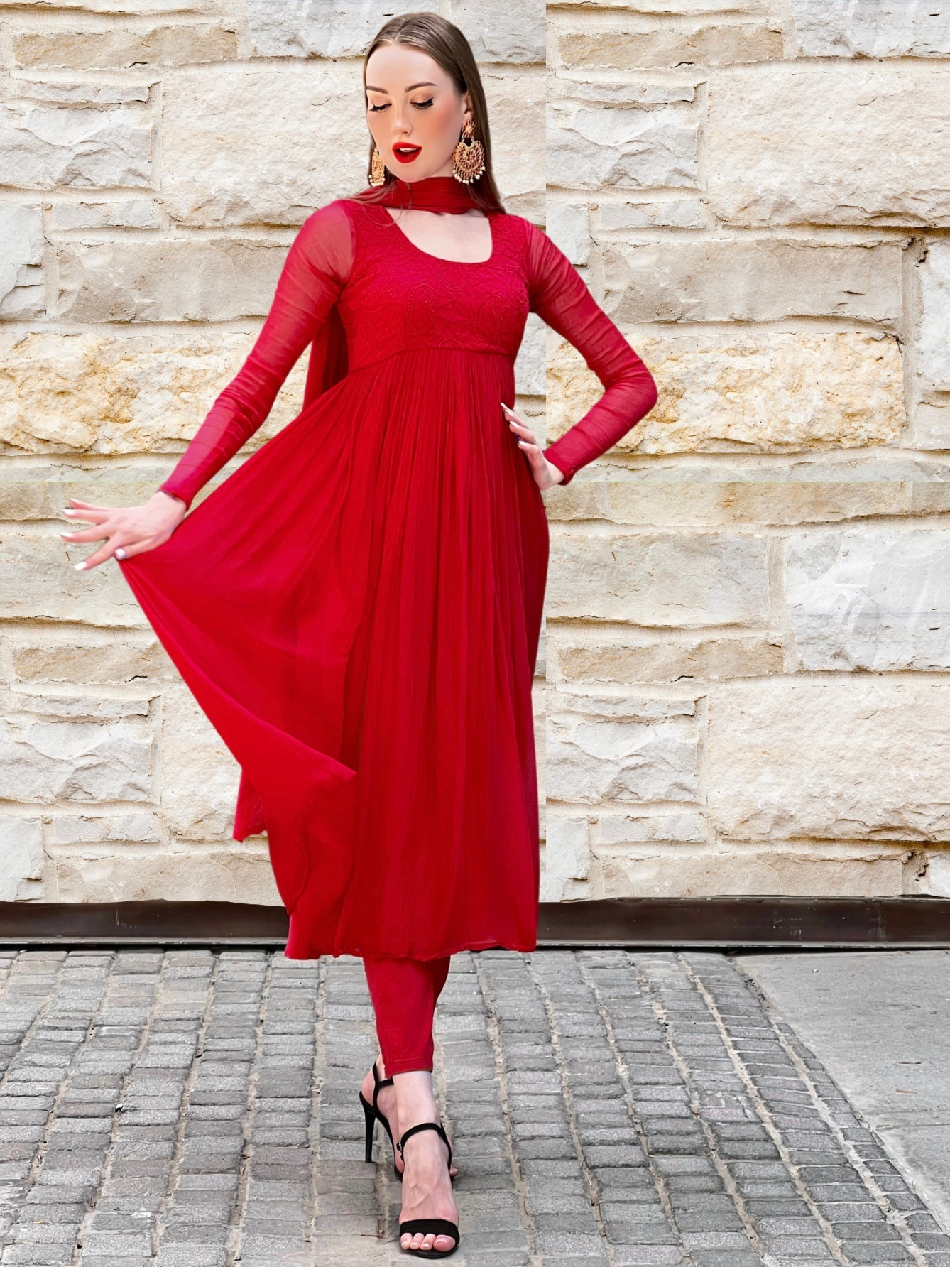 Calypso Red Chikankari Anarkali Set - Shop Label Aishwaryrika