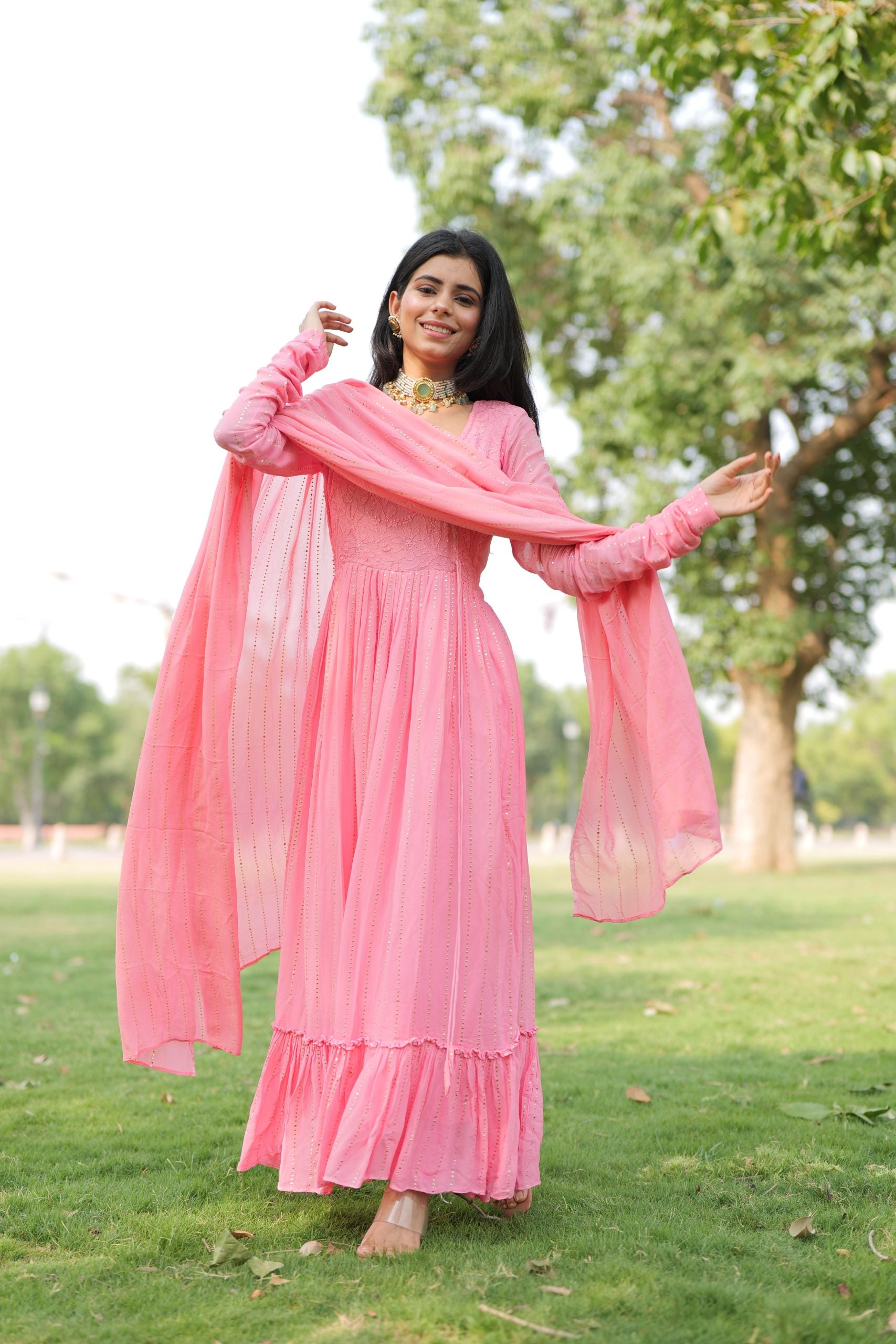 Mahogany Pink Chikankari & Mukaish Anarkali Set