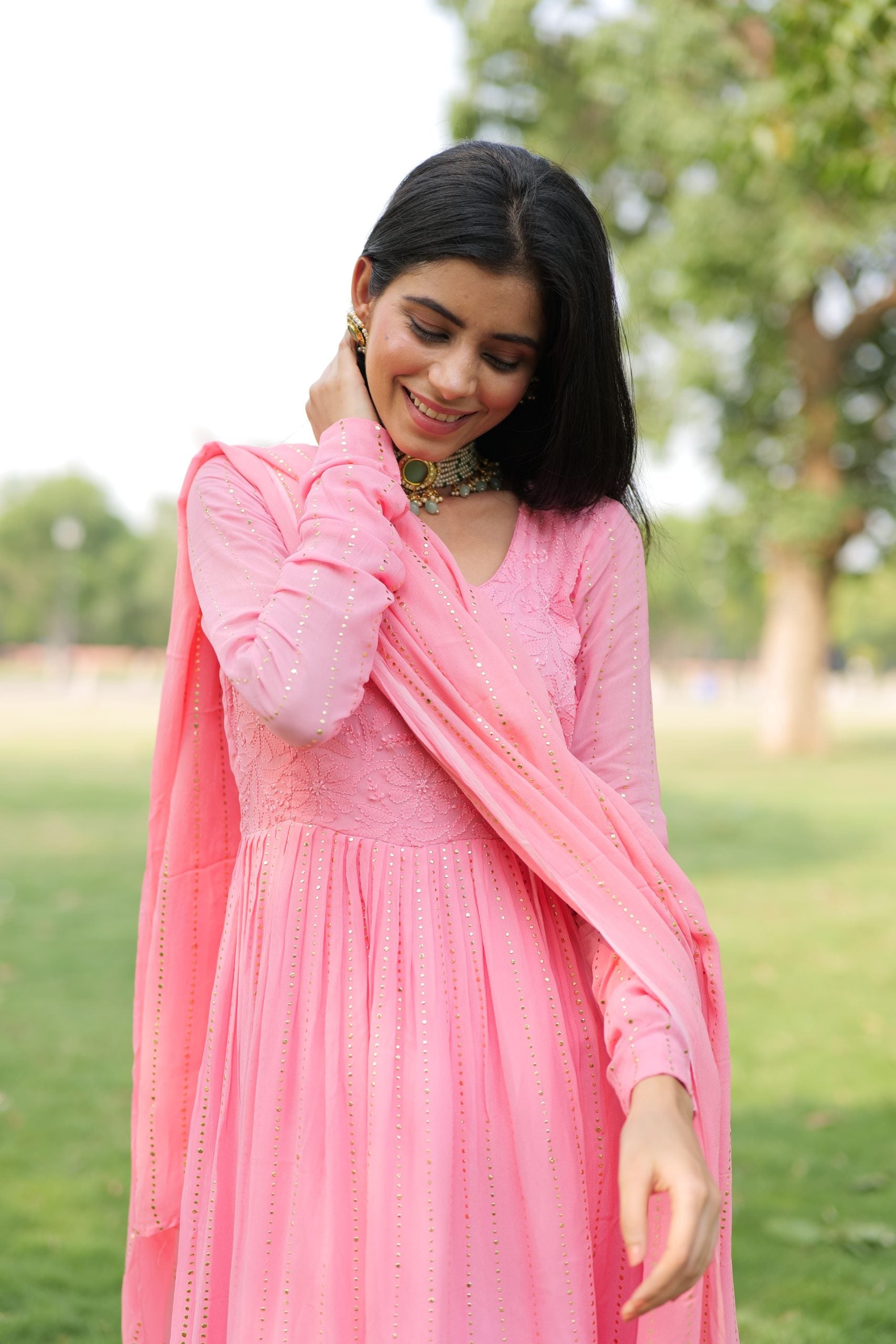 Mahogany Pink Chikankari & Mukaish Anarkali Set