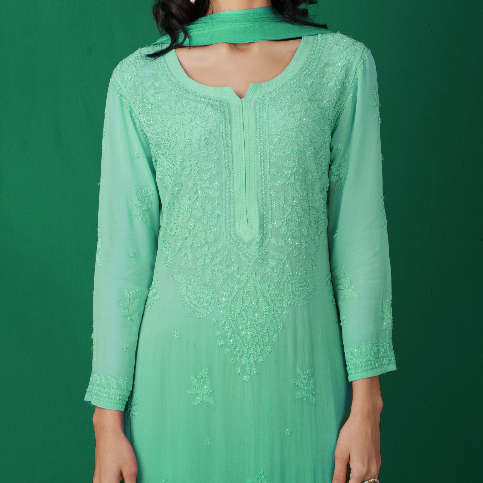 Aqua Glass Ombré Chikankari Kurta - Shop Label Aishwaryrika