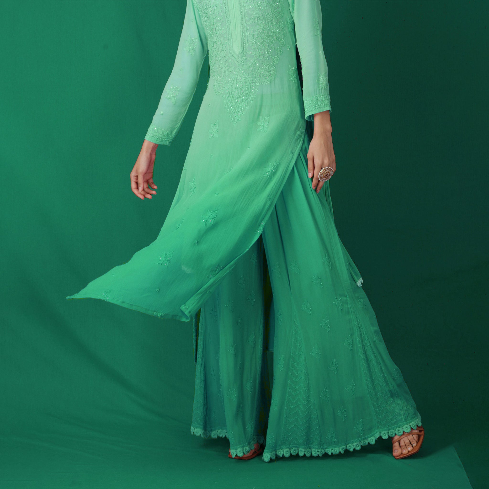 Aqua Glass Ombré Chikankari Kurta Set - Shop Label Aishwaryrika