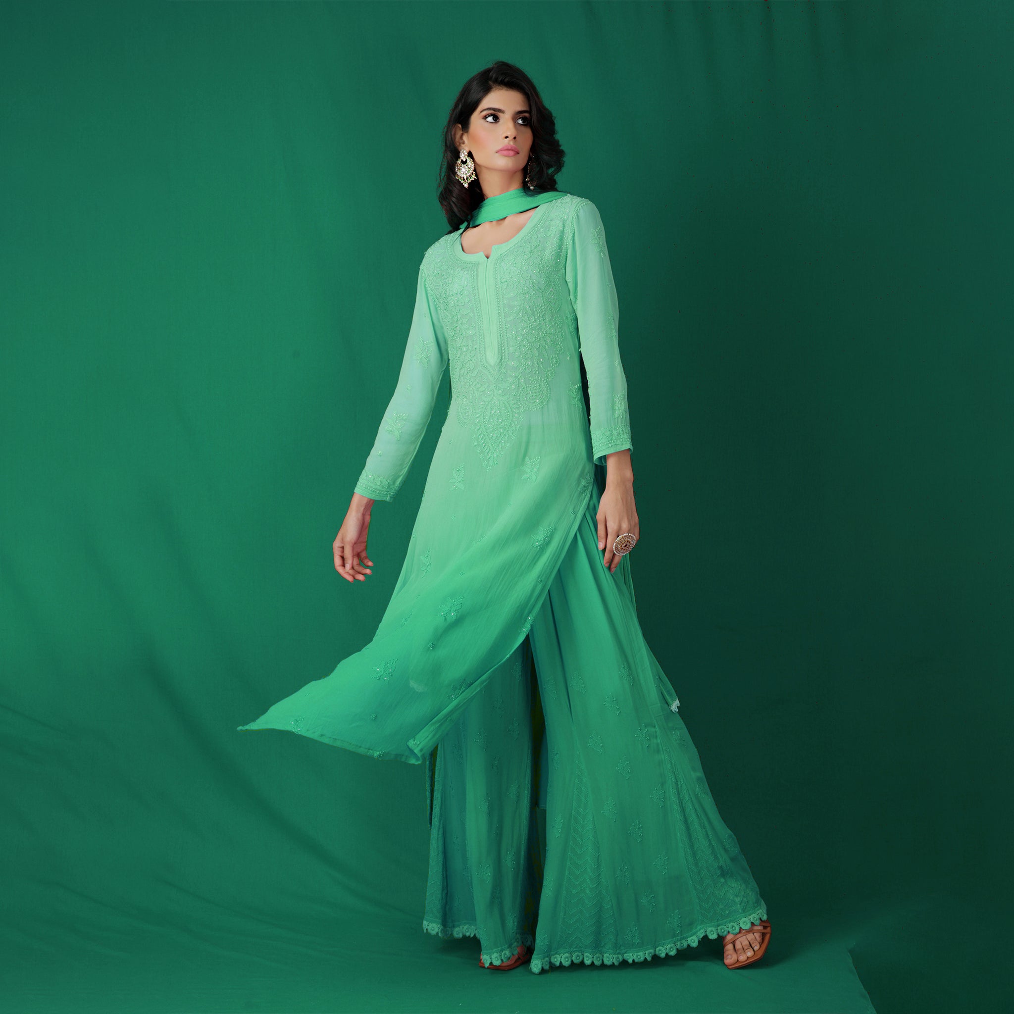 Aqua Glass Ombré Chikankari Kurta - Shop Label Aishwaryrika